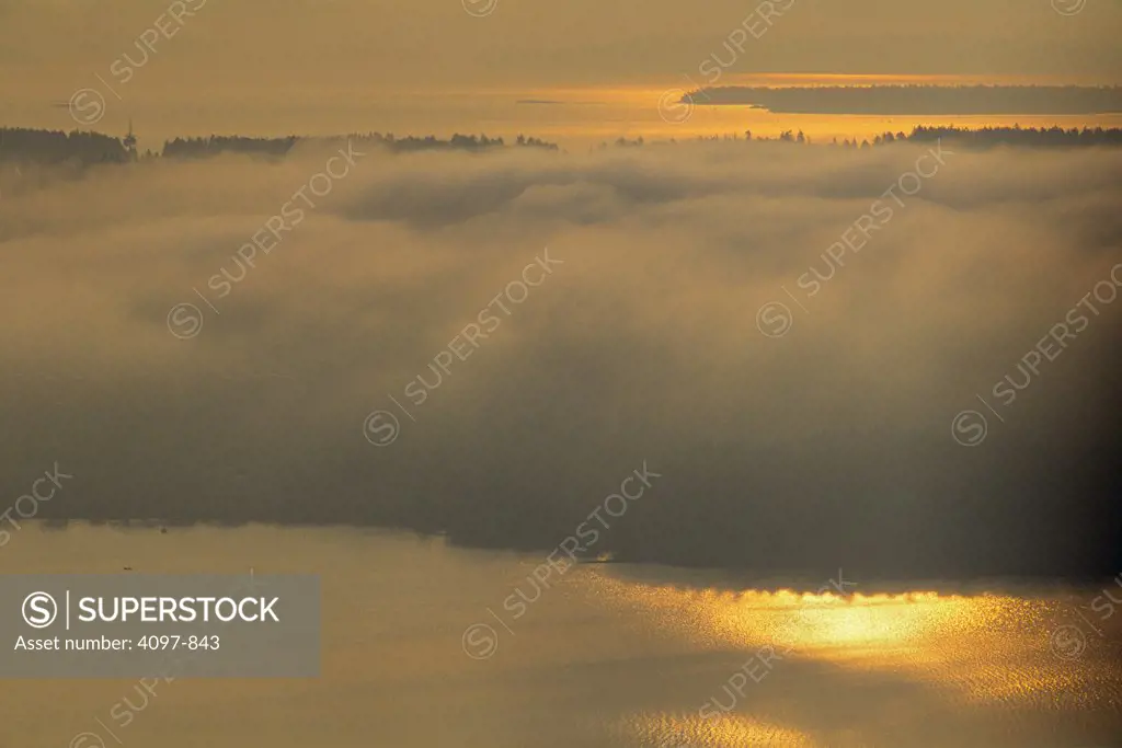 Lake covered with fog, Finlayson Arm, Saanich Peninsula, Vancouver Island, British Columbia, Canada