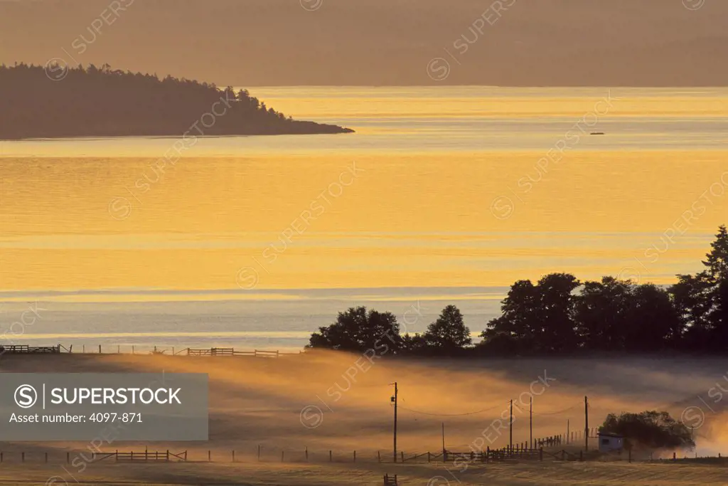 Lake covered with fog, Haro Strait, Saanich Peninsula, Vancouver Island, British Columbia, Canada