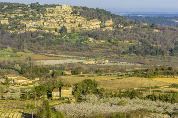 Town of La Costa on distant hill, Provence, France