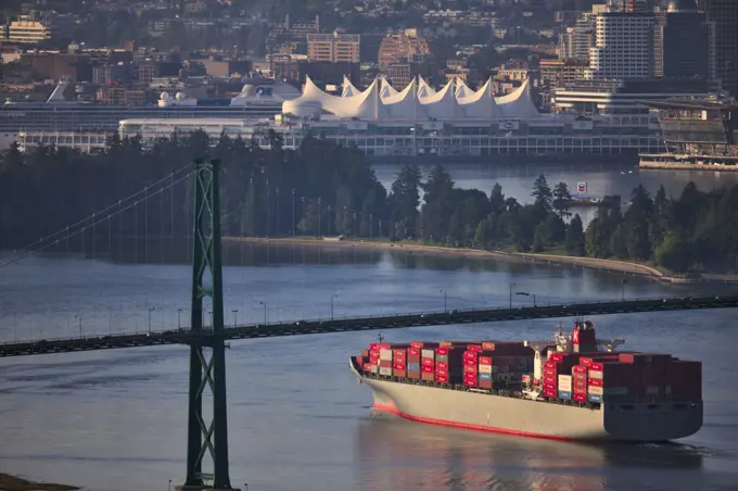 Container ship in the sea at sunset, Burrard Inlet, Vancouver, British Columbia, Canada