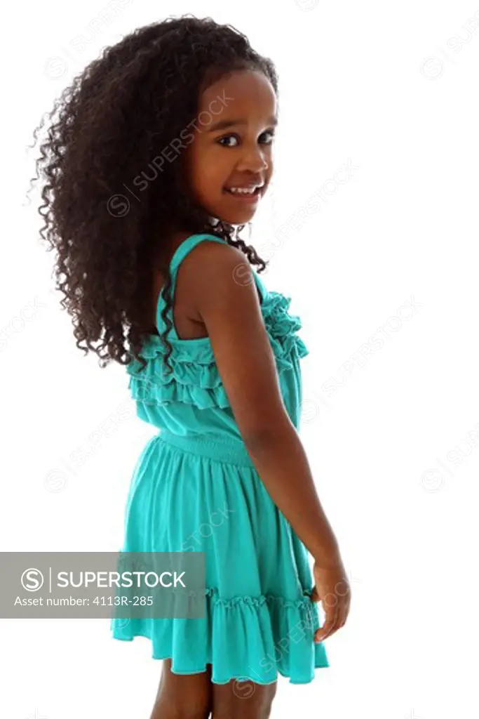 Studio shot of girl in turquoise dress