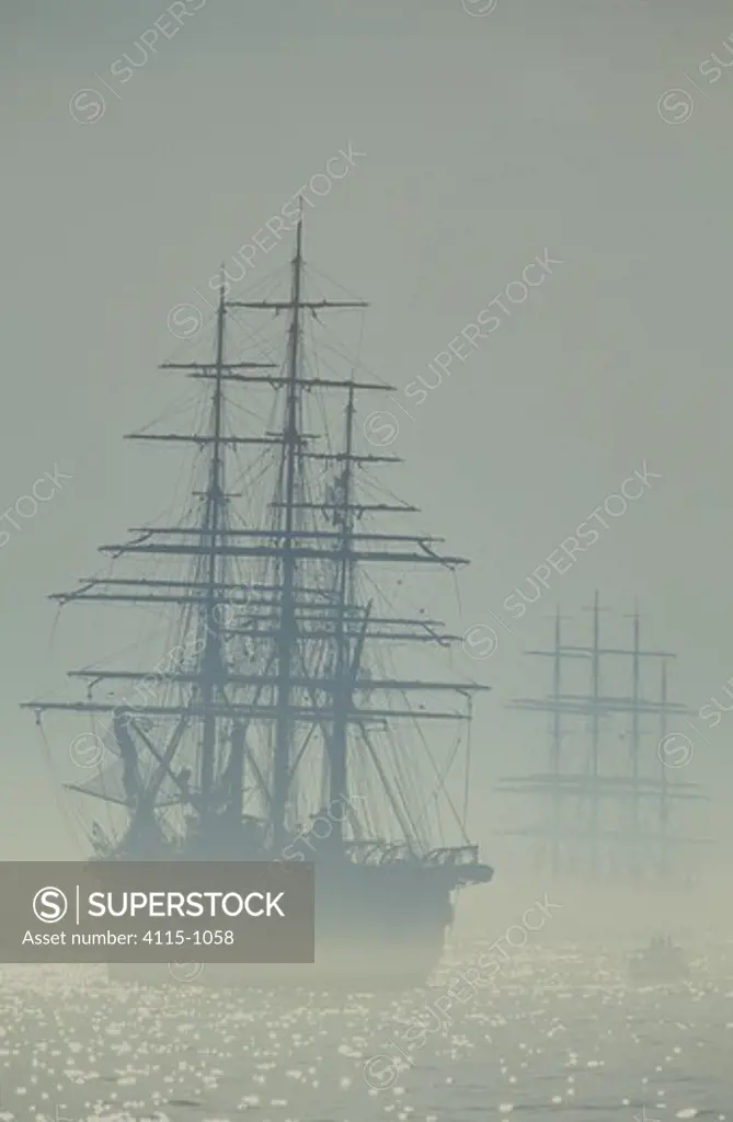 Tall ship 'Amerigo Vespucci' in fog during the Boston Tall Ships Parade, Massachusetts, USA.