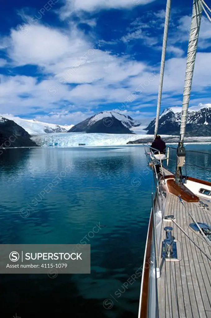 The superyacht 'Sariyah' exploring the end of a glacier in the southern fjords of Chile
