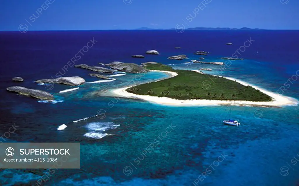 Aerial view of a yacht moored off Cayo Diablo Island, Puerto Rico, Caribbean.
