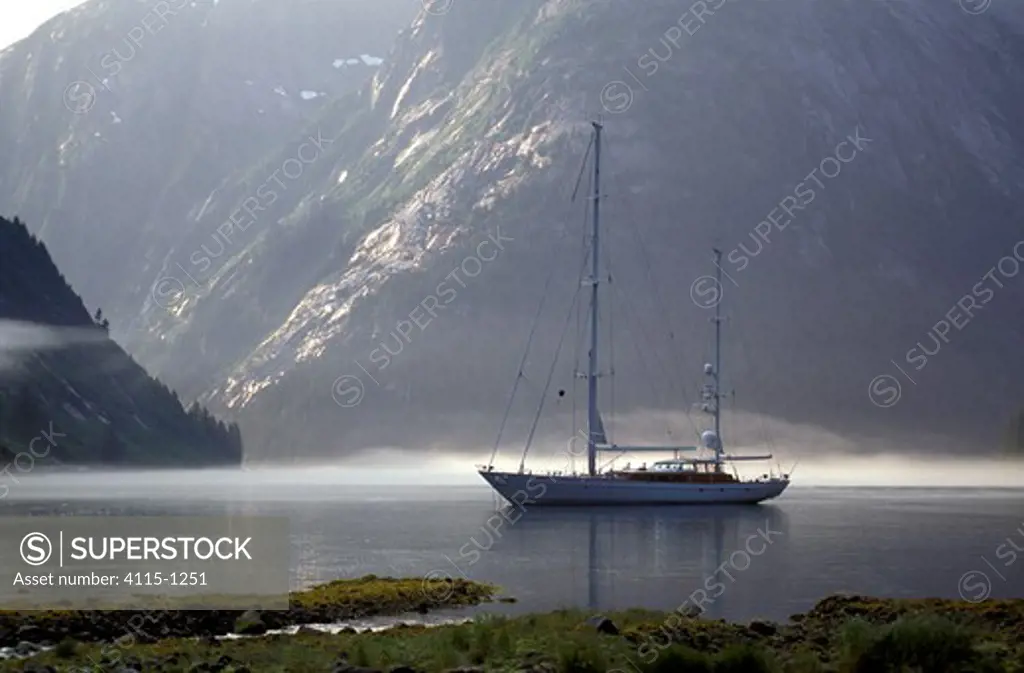 118ft S&S designed superyacht, 'Timoneer' anchored Fords Terror, Tongass National Forest, south-east Alaska.