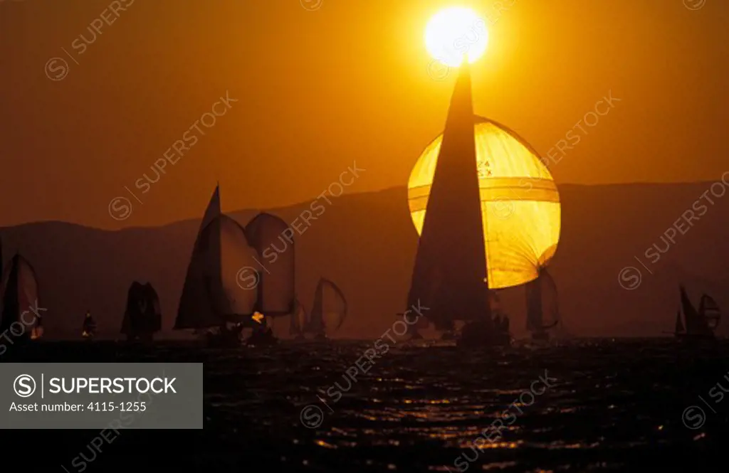 Spinnaker of a competing yacht is backlit by the low sun at La Nioulargue, 1994.