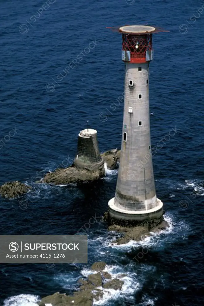 Eddystone Lighthouse marking the dangerous Eddystone Rocks off Rame Head in Cornwall.