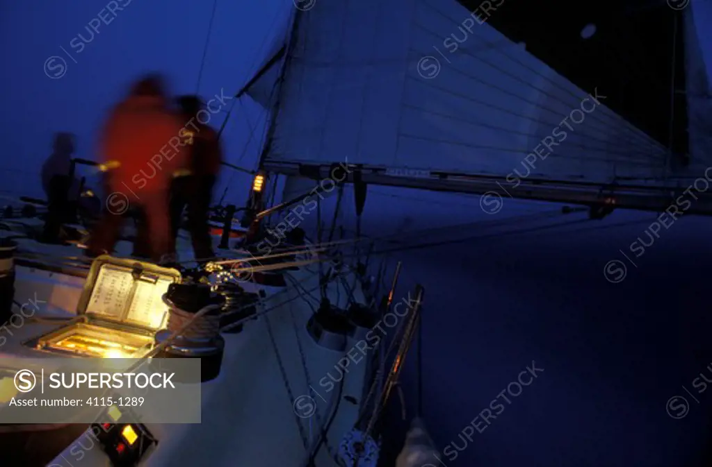 Cabin and instrument lights in the dark on Simon le Bon's yacht 'Drum' during the Whitbread Round the World Race, 1985.