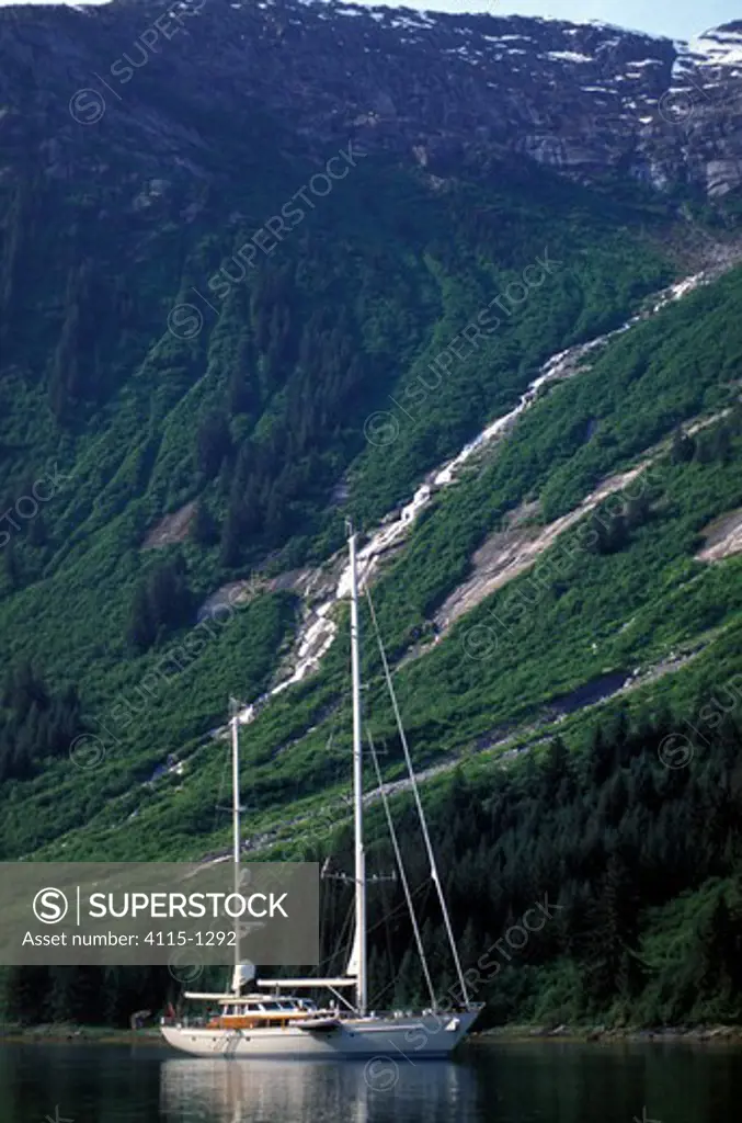 118ft S&S designed superyacht, 'Timoneer' in Fords Terror, Endicott Arm, south east Alaska.