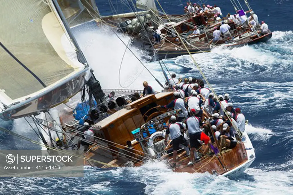 The new replica of 'Ranger' racing against 'Velsheda' at Antigua Classic Yacht Regatta, Caribbean, 2004. Property Released (Ranger and Velsheda).