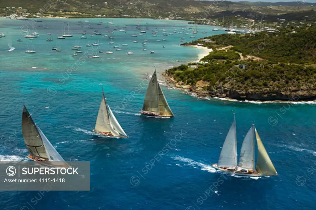Ranger, Cambria and Velsheda in pursuit of the 152ft Windrose during Antigua Classic Yacht Regatta, Caribbean 2004. Ranger and Velsheda are Property Released.