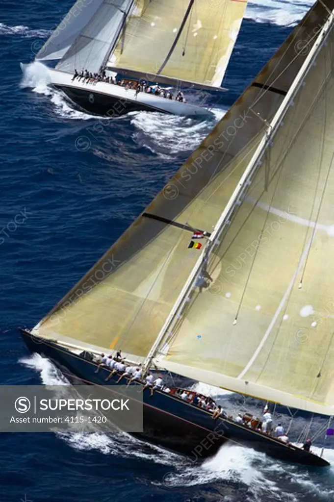 J-Class 'Velsheda' and the new replica of 'Ranger' (top) racing at Antigua Classic Yacht Regatta, Caribbean, 2004. Both yachts are Property Released.