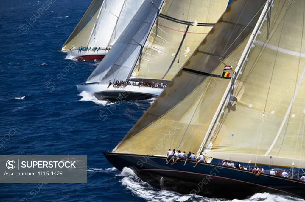 Close racing between the schooner 'Windrose', and the two J-Class yachts 'Ranger' and 'Velsheda' (from left) at Antigua Classic Yacht Regatta, Caribbean, 2004. Property Released (Ranger and Velsheda).