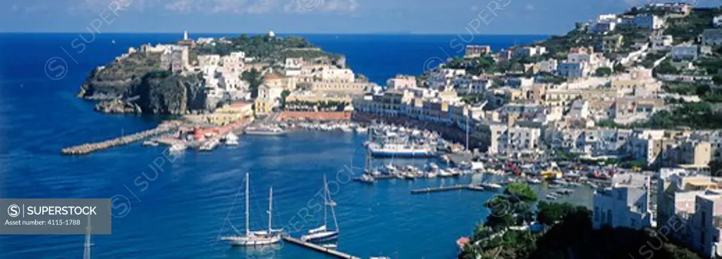 View of Ponza town and port, Ponza Island, Bay of Naples, Italy.