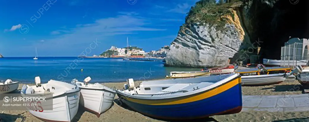 Boats on the beach on the Italian island of Ponza, Bay of Naples, Italy.