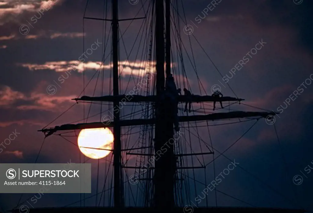 Yardarms of tall ship 'Jessica' against the sunset. St Tropez during La Nioulargue, France.