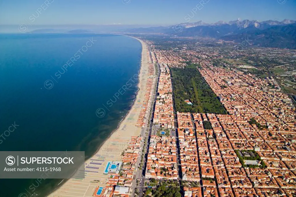 Aerial view of the beach resort of Viareggio, Tuscany, Italy. The sea is the Tyrrhenian, part of the Mediterranean.