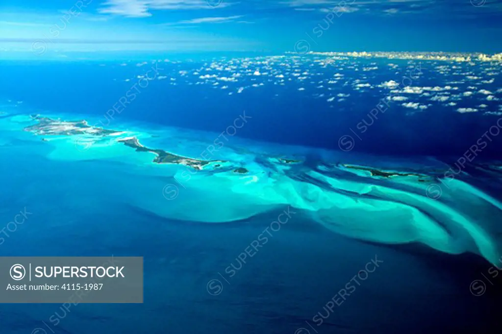 Aerial view of Exuma, part of the chain of 365 islands that form the Bahamas.