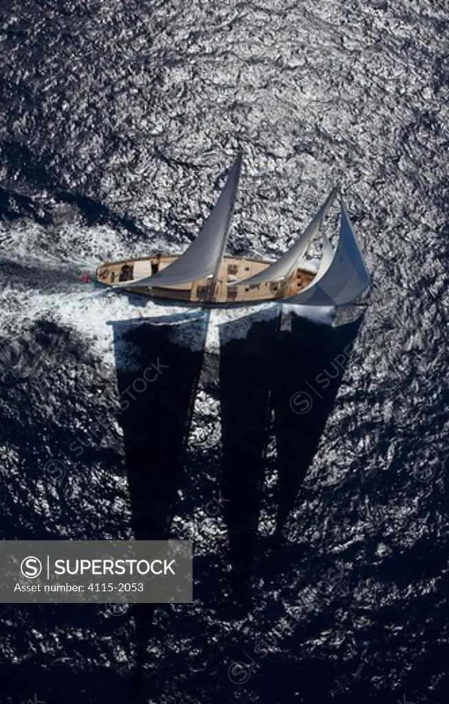 Aerial of 140ft luxury schooner 'Skylge', sailing in the French Riviera, France