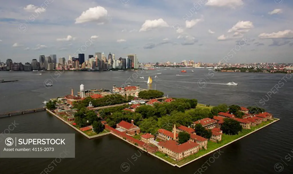 Aerial view of New York harbour, USA.