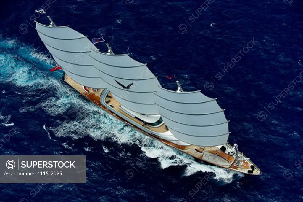 Aerial view of megayacht 'Maltese Falcon' during the St Barth's Bucket 2007, St Barthelemy, Caribbean