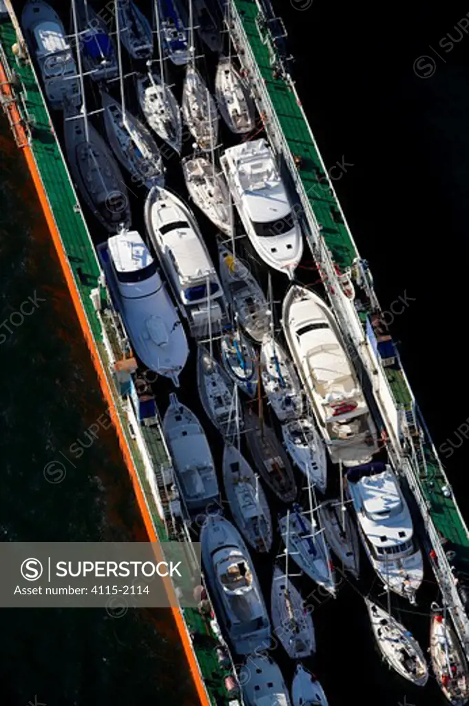Dockwise yacht transport ship loading in Newport, Rhode Island, USA. Autumn 2006