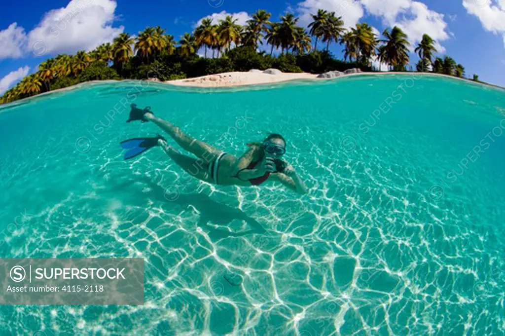 Split-level view of a woman snorkeling with a camera off a tropical beach, British Virgin Islands, Caribbean, December, 2006.