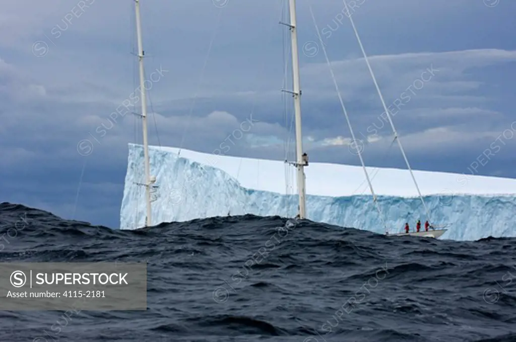 SY 'Adele', 180 foot Hoek Design, exploring a tabular iceberg in rough sea, Bransfield Strait, 17 January 2007