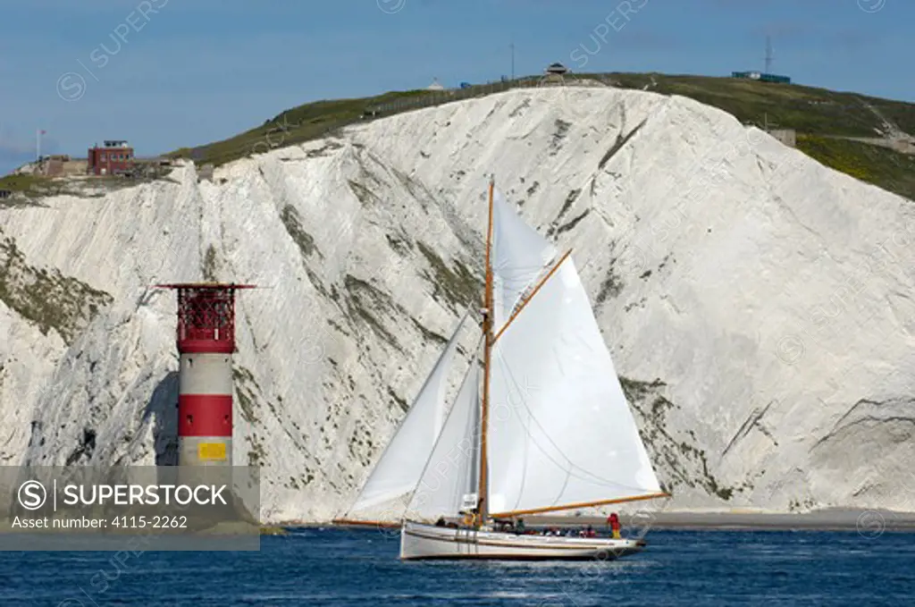 Pilot Cutter 'Polly Agatha' sailing past the Needles Lighthouse during Round the Island Race, The British Classic Yacht Club Regatta, Cowes Classic Week, July 2008
