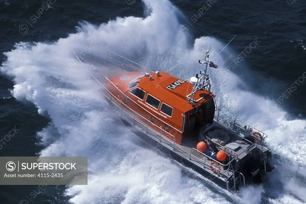 Loctudy SNSM (Societe Nationale des Secours en Mer) lifeboat 'Margodig' powering through waves. Brittany, France 2002.