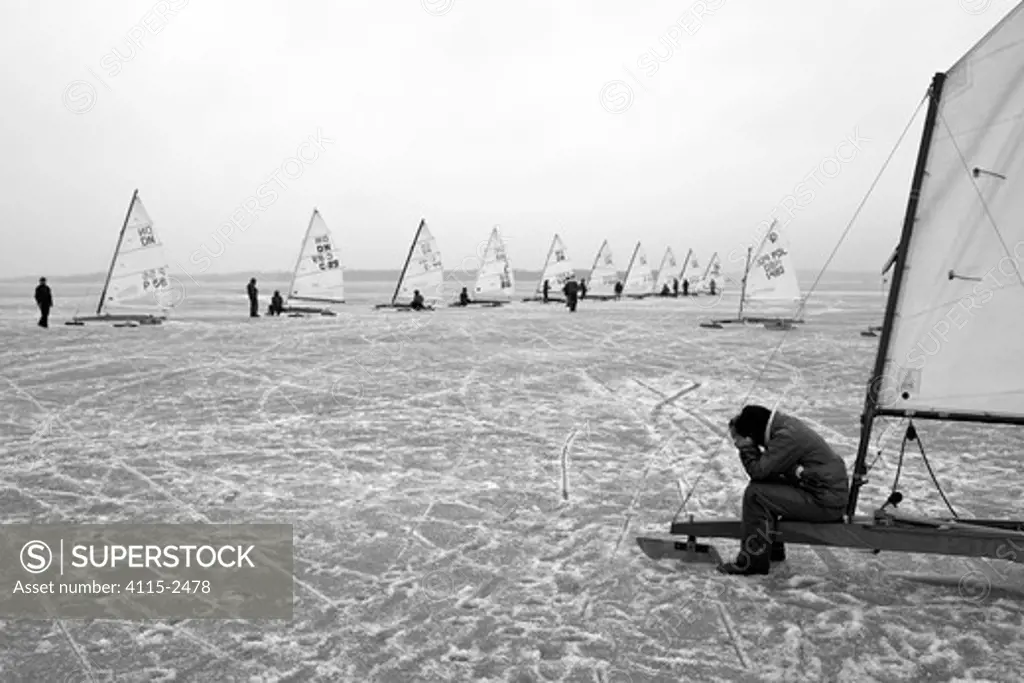 Despairing youth at the DN Ice sailing Junior world championships on Lake Glan, Norrkoping, Sweden, March 2009.