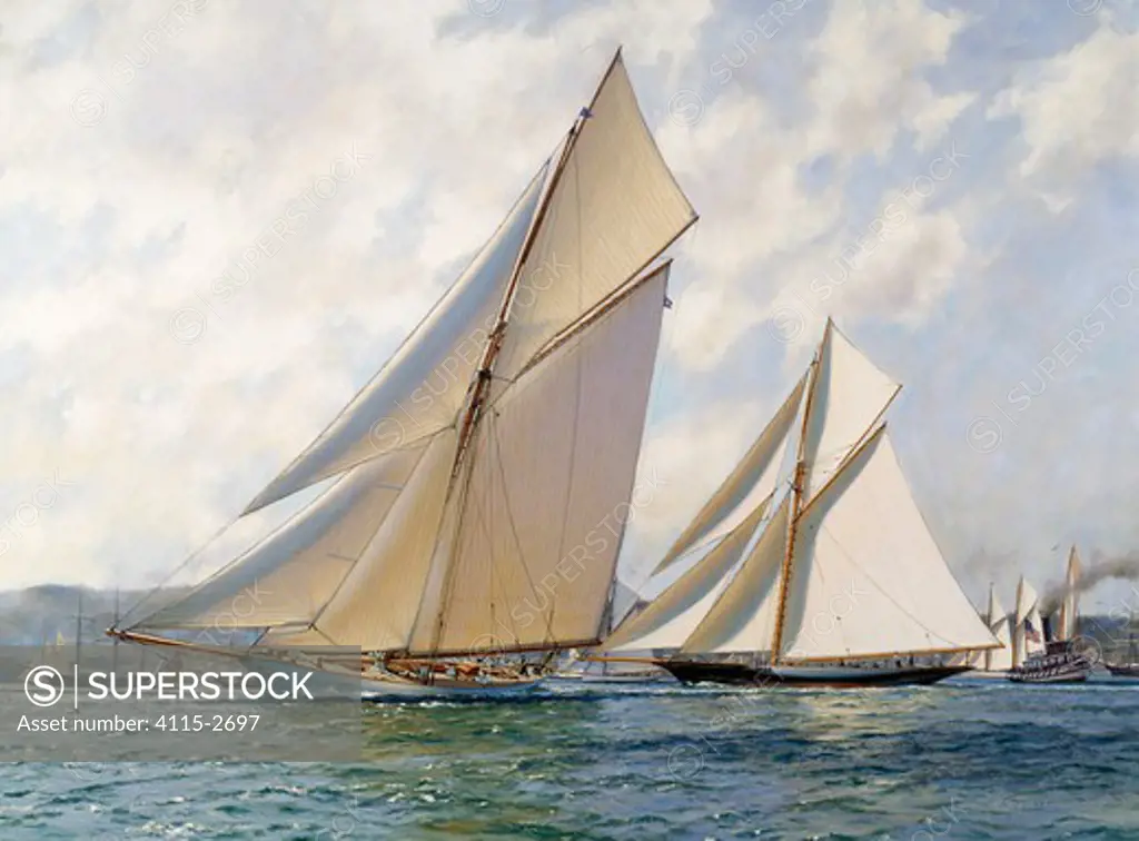Volunteer' leads 'Thistle' in the first race for the America's Cup, September 27th 1887. Oil on canvas, 30' x 40', 1999. Private collection.The painting depicts the defender 'Volunteer' crossing ahead o