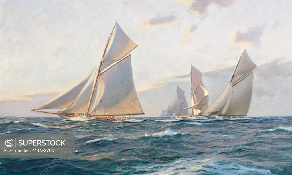 Jubilee leads Colonia and Pilgrim around the markboat, 1893.'  Oil on canvas, 24' x 40', 1998. Private collection.Jubilee, built in 1893 for General Paine together with Colonia, built at Herreshoff's for