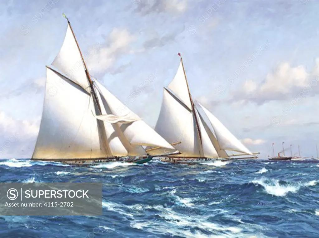 Columbia passes to windward of Shamrock I during the third race of the America's Cup, 1899.' Oil on canvas, 30' x 40', 1999. Private collection.Columbia was the third successfull America's Cup defender