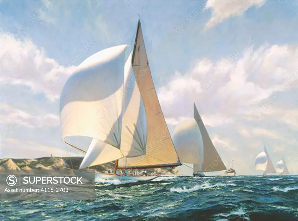 Ranger leading Endeavour 2, Yankee and Endeavour past Gay Head, Martha's Vineyard, August 21, 1937'. Oil on canvas, 30' x 40', 2000 Private collection.