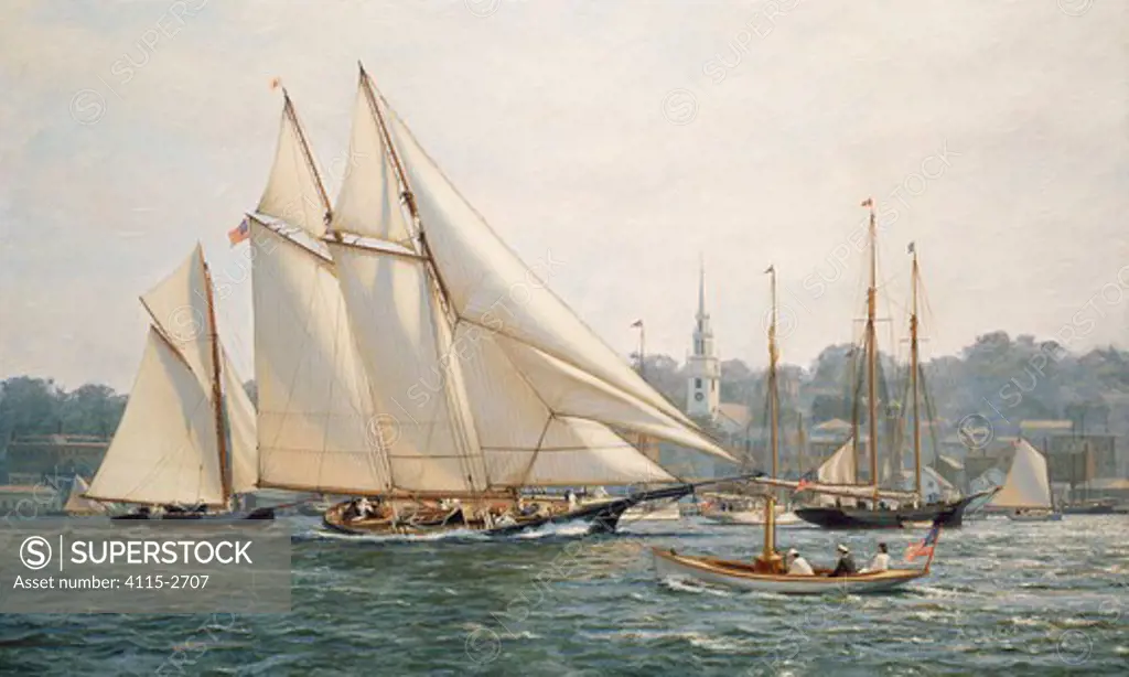 The America at Newport, August 16th 1880'Oil on canvas, 18' x 30', 1995. Private collection.The famous schooner 'America', owned by Colonel Benjamin Franklin Butler, is sailing across Newport Harbor