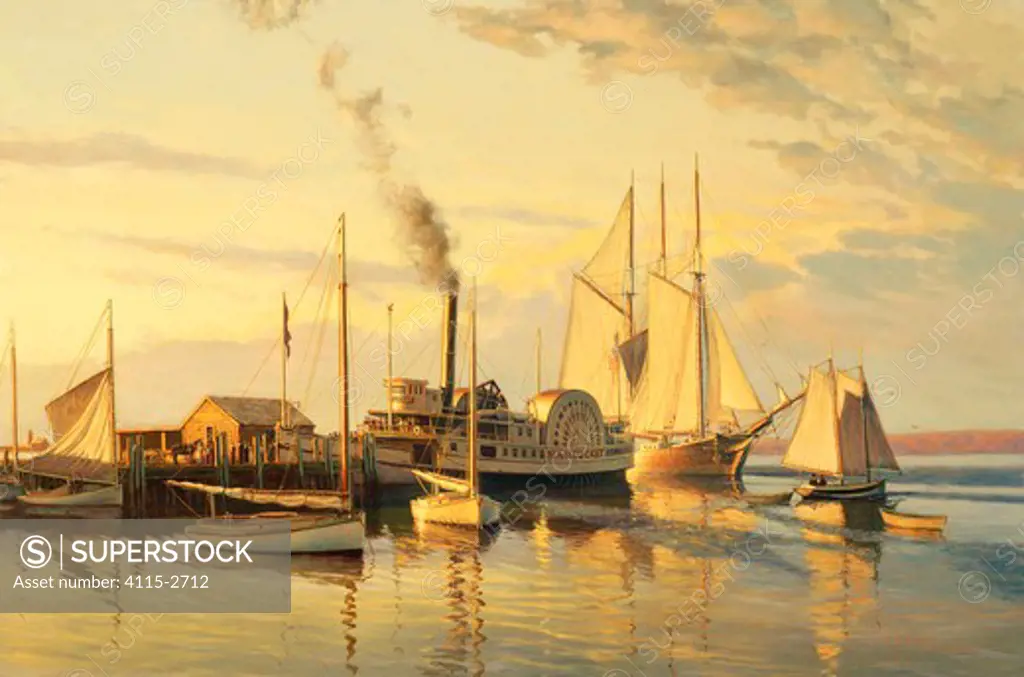 Nantucket evening, circa 1886.'  20' x 30'. Oil on canvas, 2002 .The paddlewheel steamer 'Nantucket' raises steam as it readies to depart Steamboat Wharf. Astern of the 'Nantucket', the large three ma