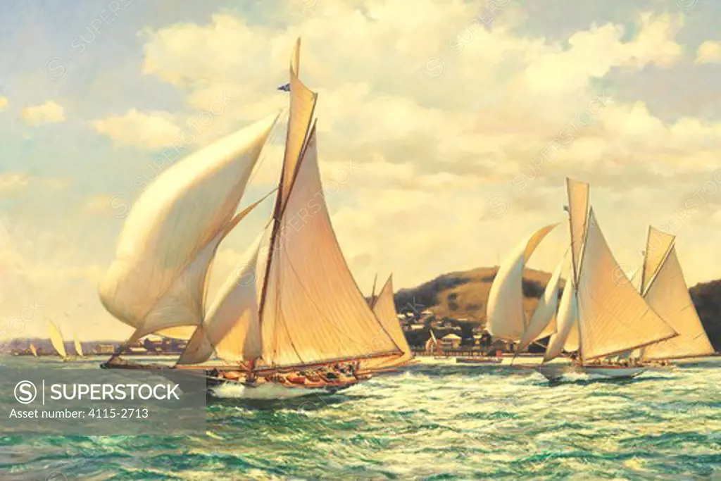 Viking leads Ilex and Rawene past North Head. Auckland Anniversary Regatta, January 29th, 1914.'  Oil on canvas, 61 cm x 91 cm, 2002. Private collection..With a fresh Northerly wind behind her, the large