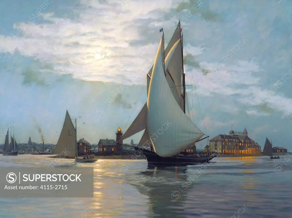 Moonlight arrival at Nantucket,1886. The schooner Fortuna, Commodore Henry S. Hovey, rounds Brandt Point.'  Oil on canvas, 36' x 48', 2000. Private collection.