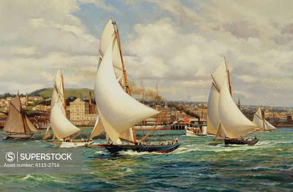 Viking leads the First Class yachts in the Auckland Anniversary Regatta of 1894.'  Oil on canvas, 24' x 35', 2002. Private collection..'Viking' is shown, shortly after the start, leading 'Muritai' (to