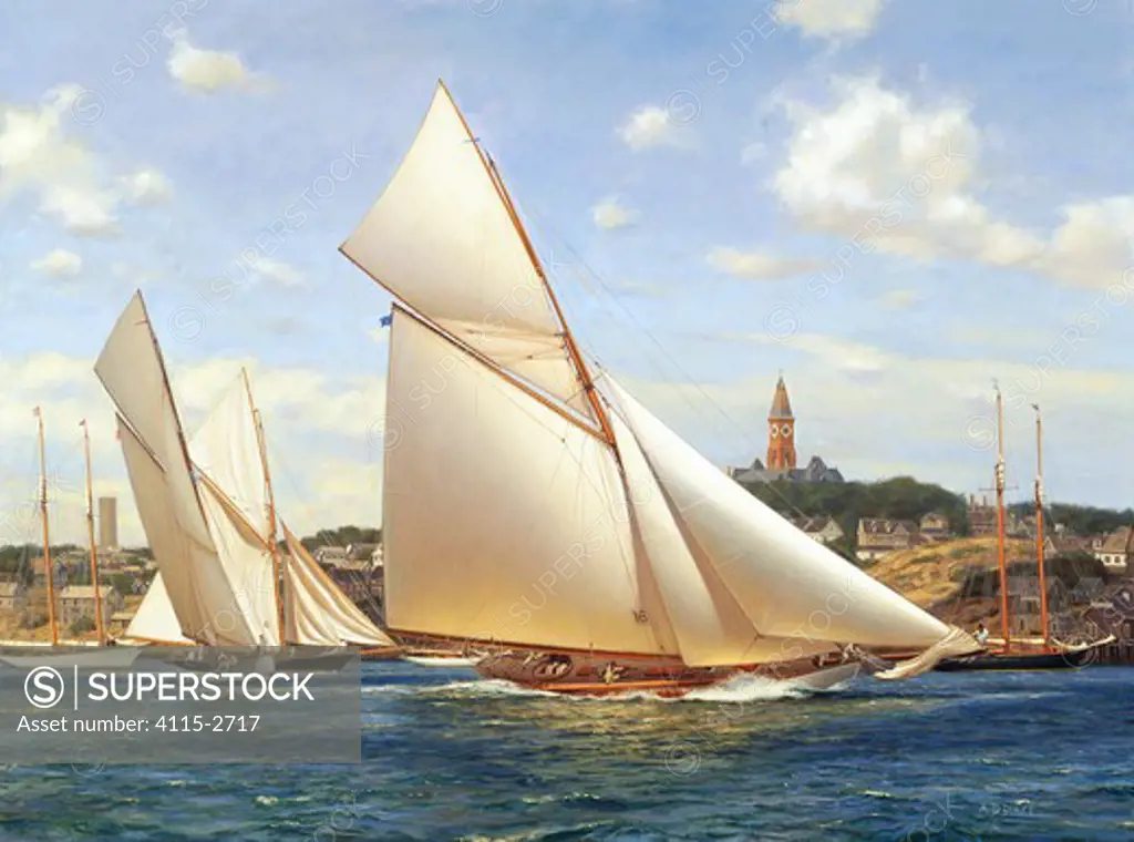 Gloriana at Marblehead, 1892.'  Oil on canvas, 30' x 40', 2001. Private collection. 'Gloriana' was designed by Nathanael Herreshoff and built by the Herreshoff Manufacturing Company, Bristol, Rhode Islan