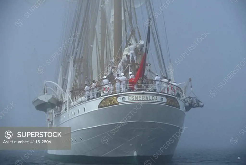 Chilean tall ship 'Esmeralda' in Newport fog, Rhode Island, USA.