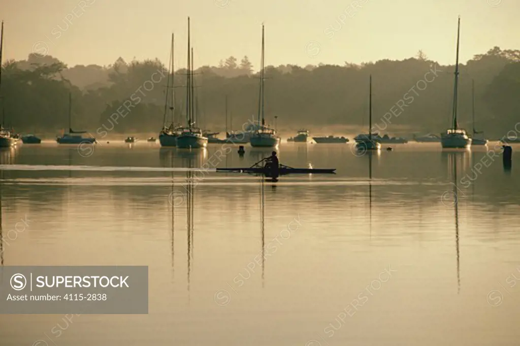 A rower passing yachts anchored in Cape Cod's river in the early morning sun, Massachusetts, USA.