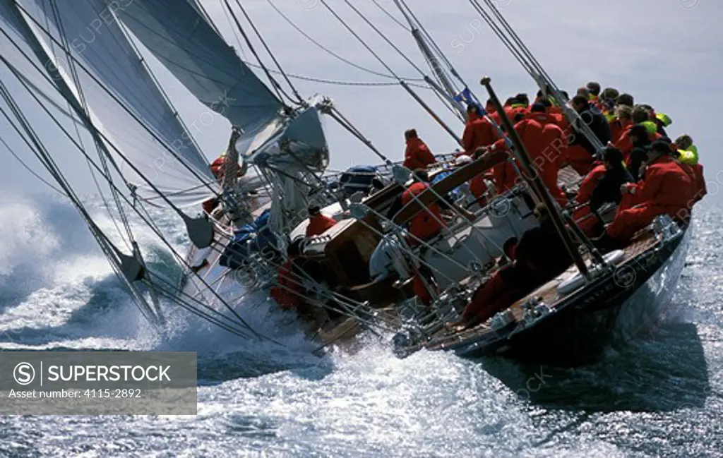 J-Class 'Endeavour' beats upwind at Antigua Classic Yacht Regatta, 2001.