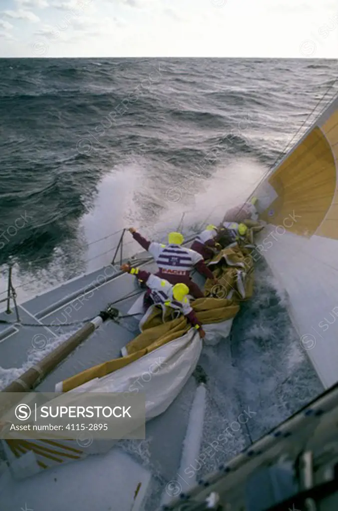 Sail change aboard 'The Card' during the Whitbread Round the World Race, 1989-90.