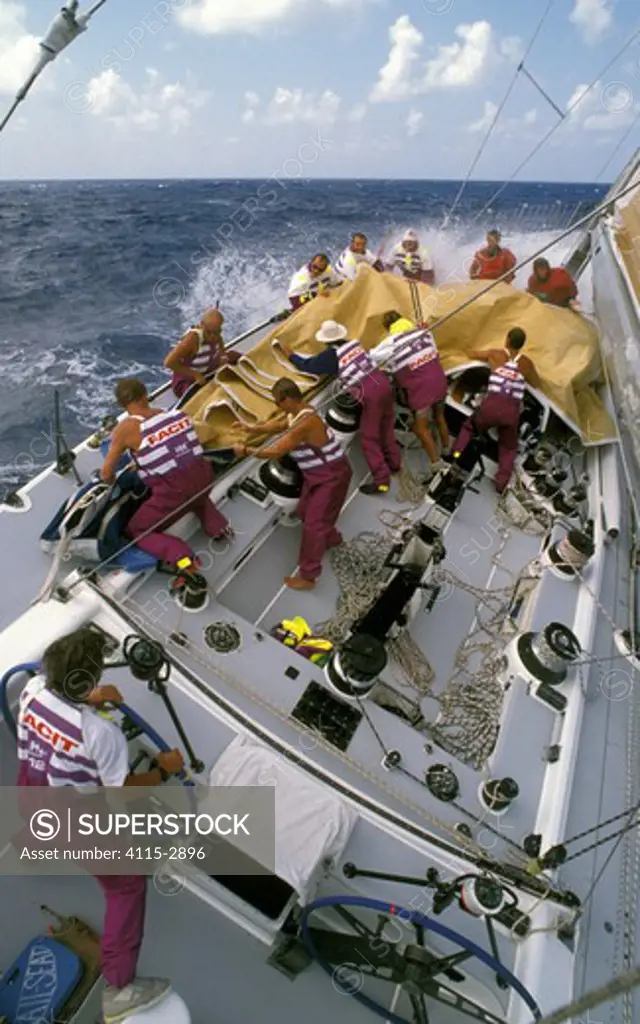 Sail change aboard 'The Card' during the Whitbread Round the World Race, 1989-90.