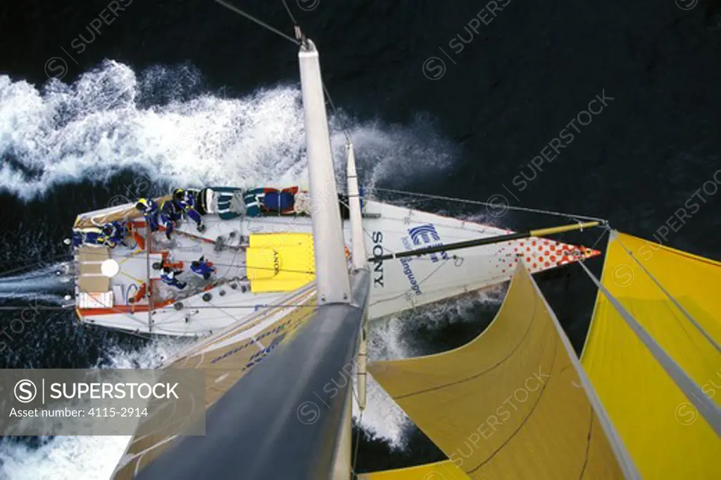 Aerial view from the masthead of 'EF Language', competing in the Whitbread Round the World Race 1997-1998.