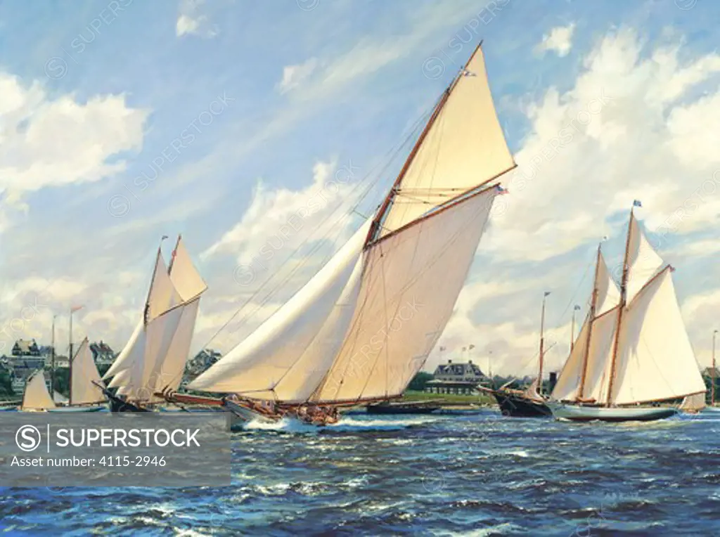 Marblehead Summer. August 1887'  Oil on canvas, 30' x 40', 2001 Private collection.The painting depicts 'Volunteer', the 1887 America's Cup defender, sailing on a tight reach on Marblehead Harbour.