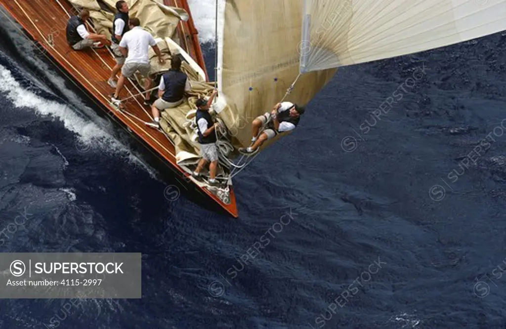 Crew at work with the jib on board J-Class 'Velsheda' as she beats upwind at Antigua Classics, 2003.