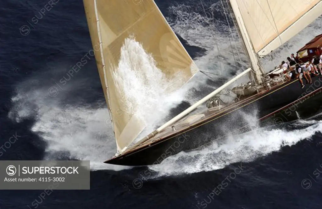 Bow wave catches inside the jib on J-Class 'Velsheda' as she beats upwind at Antigua Classics 2003.